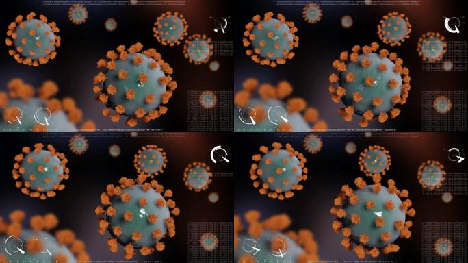 新型冠状病毒肺炎冠状病毒细胞。许多带有画笔的病毒细胞在数据处理的现实背景上随机旋转和移动。相机用景深