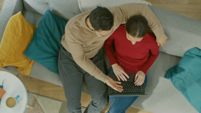 年轻夫妇坐在沙发上，积极使用笔记本电脑。舒适的客厅，配有现代室内地毯、沙发、椅子、桌子、架子、植物和