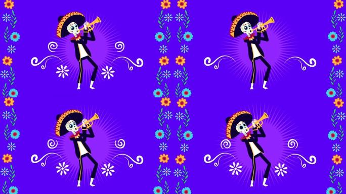 viva墨西哥动画与骷髅流浪乐队演奏小号