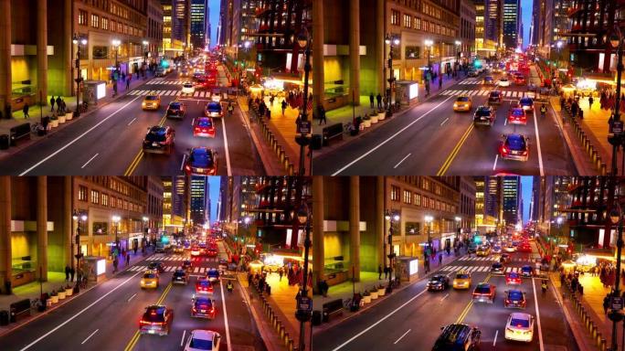曼哈顿金融区42街的许多汽车。夜间照明。晚上的城市灯光。美国纽约