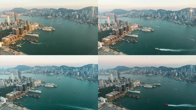 延时: 香港日落的九龙港湾鸟瞰图