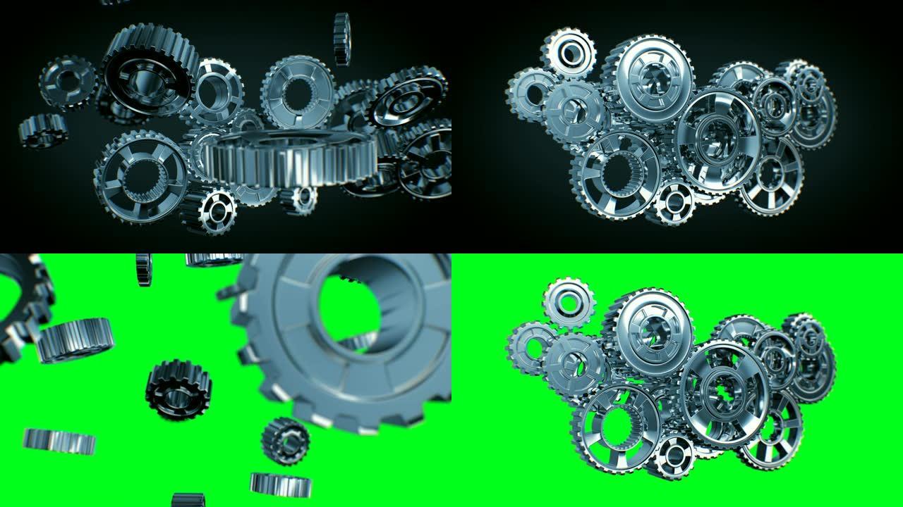 美丽的金属齿轮转向中心，并与dop模糊形成抽象的工作机制。美丽的3d动画绿屏。团队合作商业和技术理念
