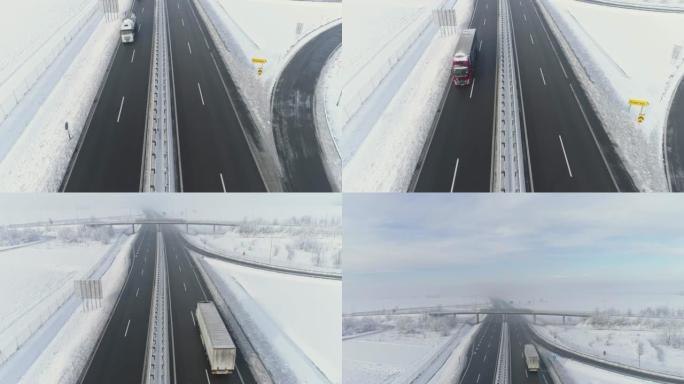 MS到WS卡车沿着高速公路行驶，周围是积雪覆盖的田野
