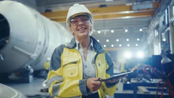 专业的重工业女工程师穿着安全制服，拿着数字平板电脑，看着相机解释产品设计。石油、天然气和燃料运输管道