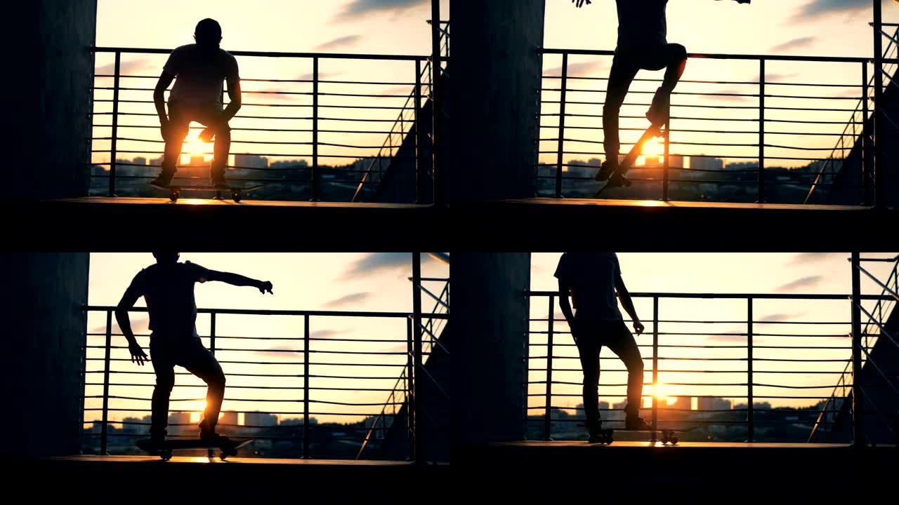 在日落背景上做特技表演的溜冰者，慢动作。
