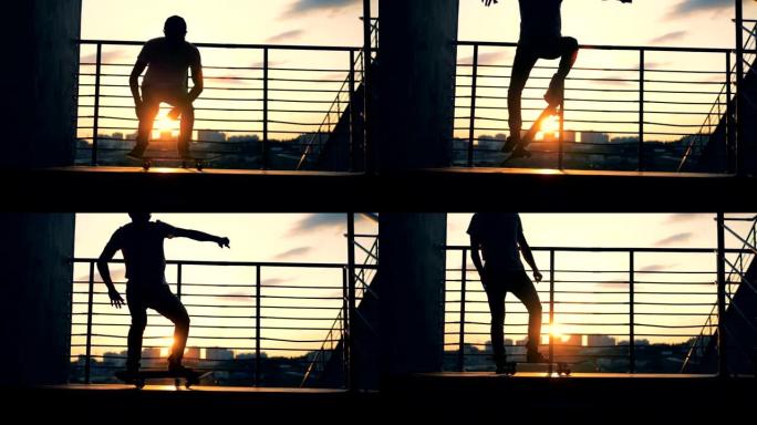 在日落背景上做特技表演的溜冰者，慢动作。