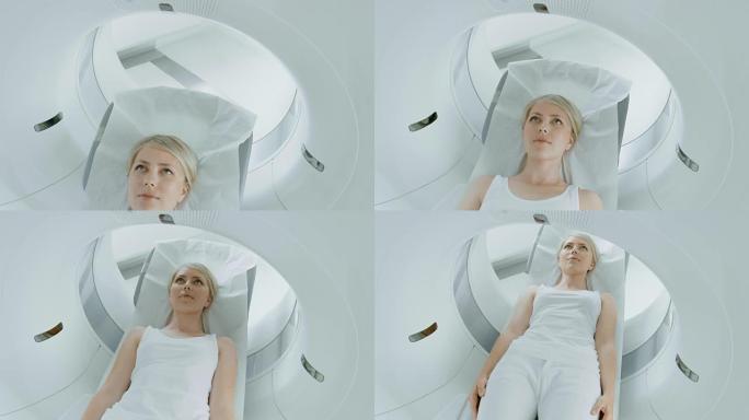 一位女性患者的特写肖像躺在CT或MRI扫描上，床在机器内移动，扫描她的身体和大脑。在医学实验室用高科