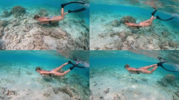 一个穿着明亮比基尼的女人，有游泳鳍，喜欢在海洋中的珊瑚和海洋生物中浮潜