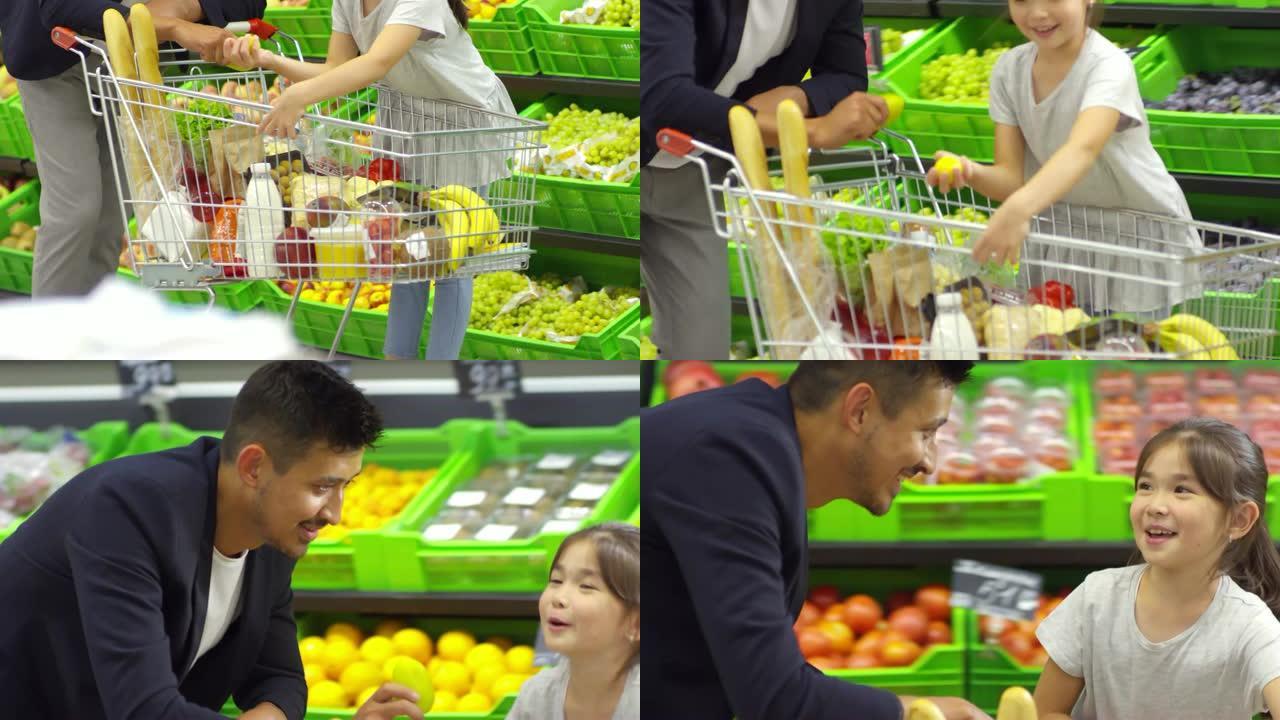 父亲和女儿在超市里说话和微笑