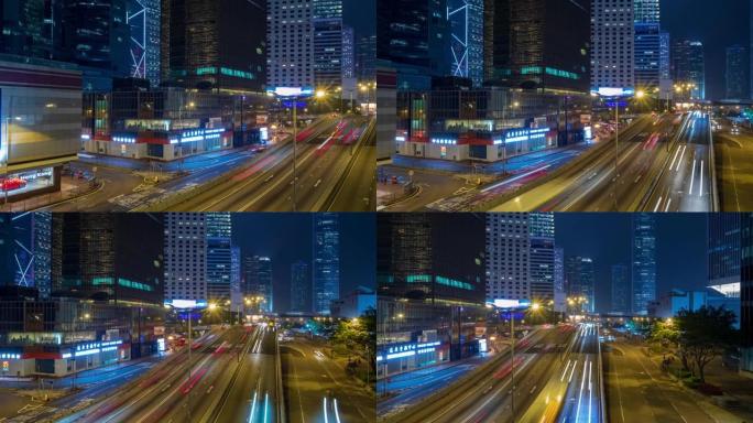 4k时间流逝: 夜间香港市区高速公路交通的时间流逝。4k交通。城市和建筑