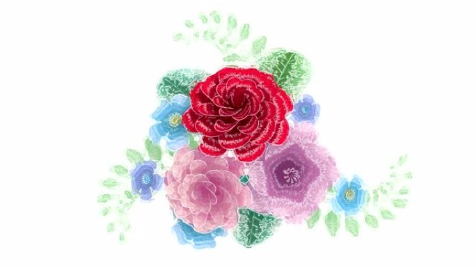 3d渲染，花卉背景花卉，盛开的植物图案，水彩绘画风格，新娘圆形花束，柔和的颜色，明亮的色调调色板，孤