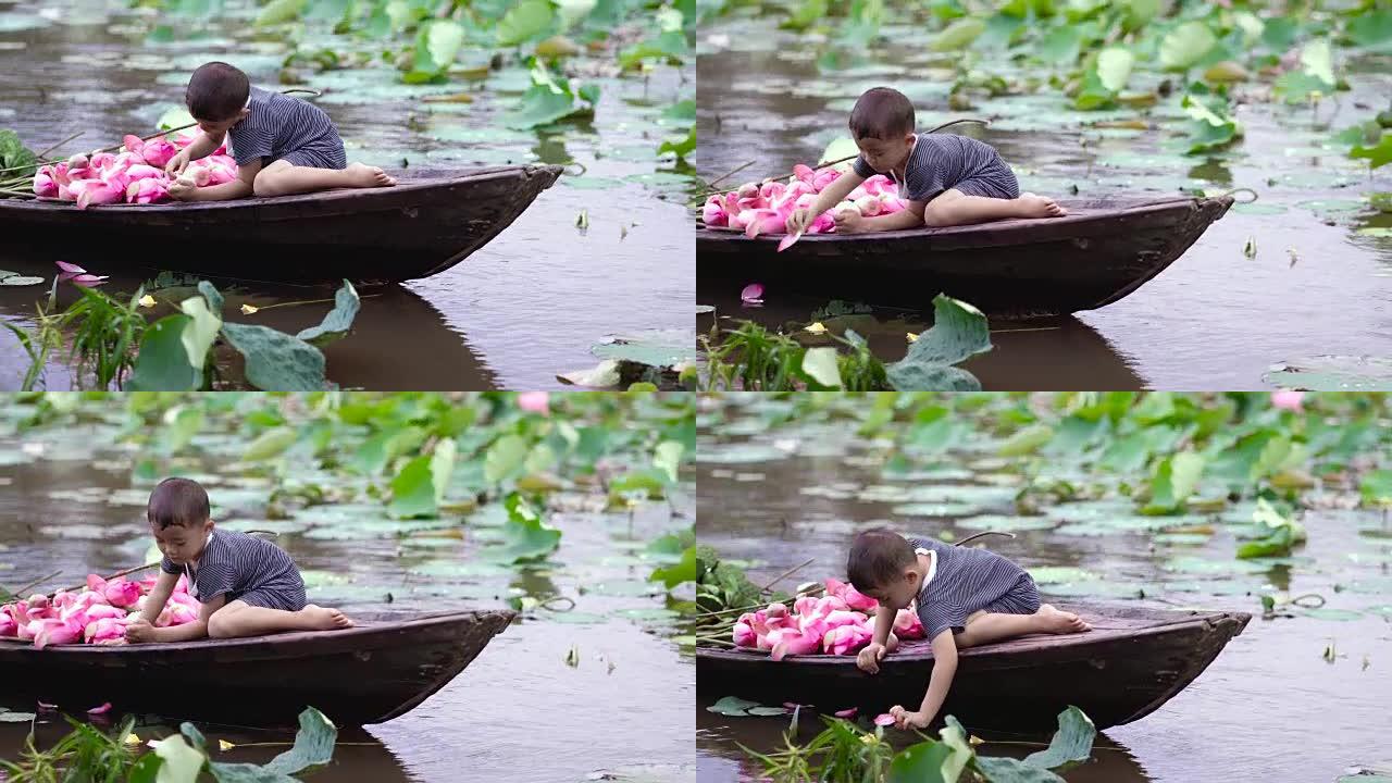 越南男孩在传统木船上玩粉红色莲花花瓣的4k镜头，妈妈在越南同塔省Thap Muoi的大湖中paddi