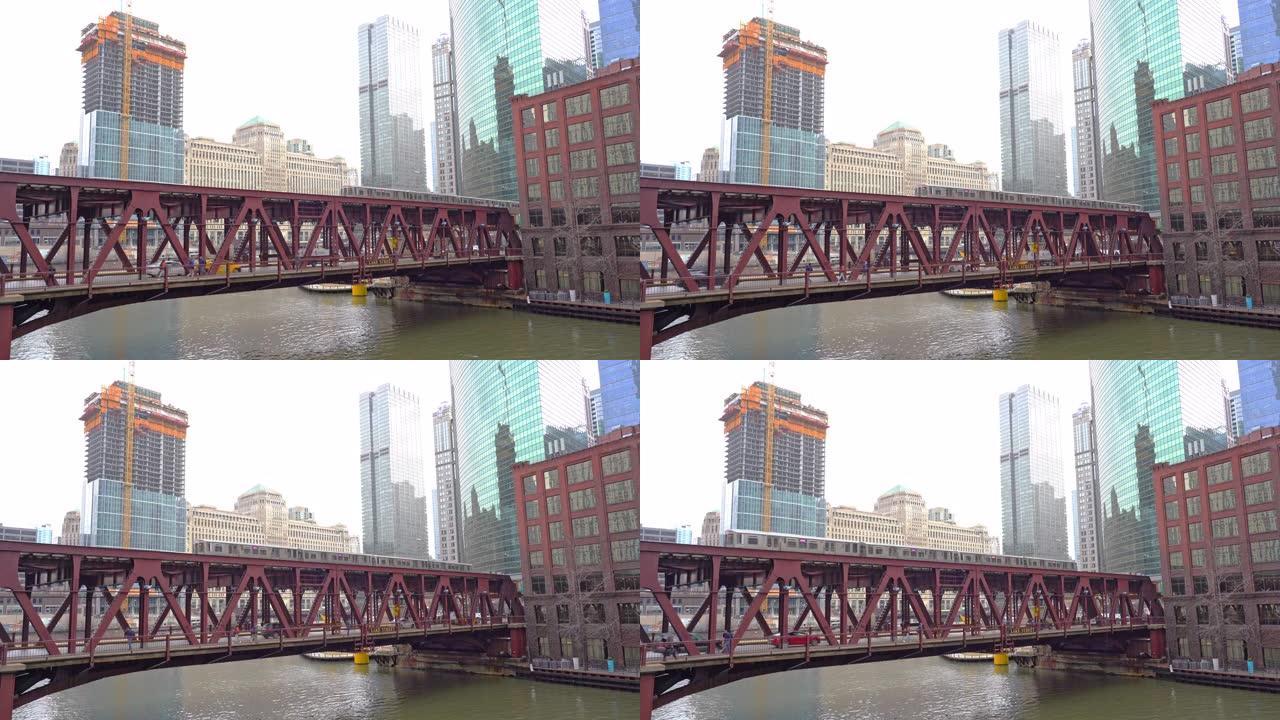 美国伊利诺伊州芝加哥密歇根大道的芝加哥街大桥和芝加哥河的4k时间流逝与现代建筑之间的交通