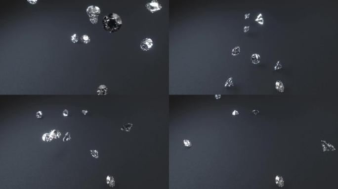 3D渲染，钻石在慢动作中掉落并在灰色纹理表面上跳动