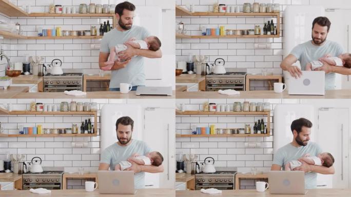 多任务的父亲在厨房清洁和笔记本电脑时抱着熟睡的儿子
