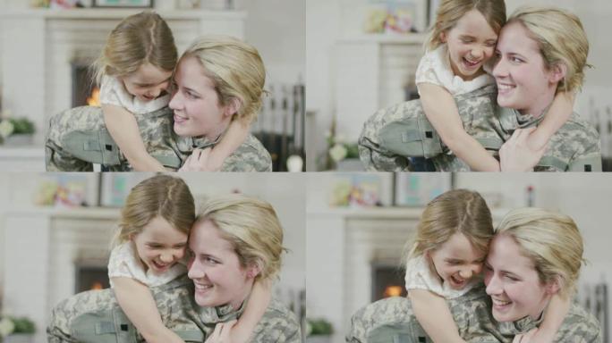 军人妈妈拥抱女儿