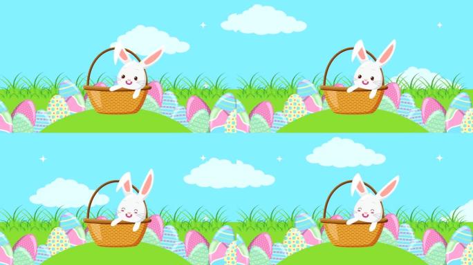 复活节快乐动画卡片，篮子里有兔子，彩绘鸡蛋