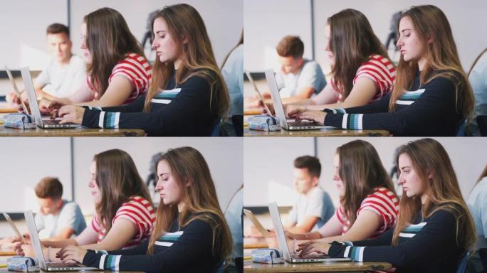 在教室里使用笔记本电脑坐在办公桌上的大学生的侧视图