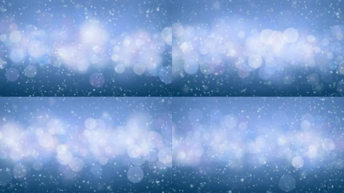 美丽的降雪侧风在蓝色的散景背景上无缝吹来。慢动作循环3d动画。节日庆典概念。