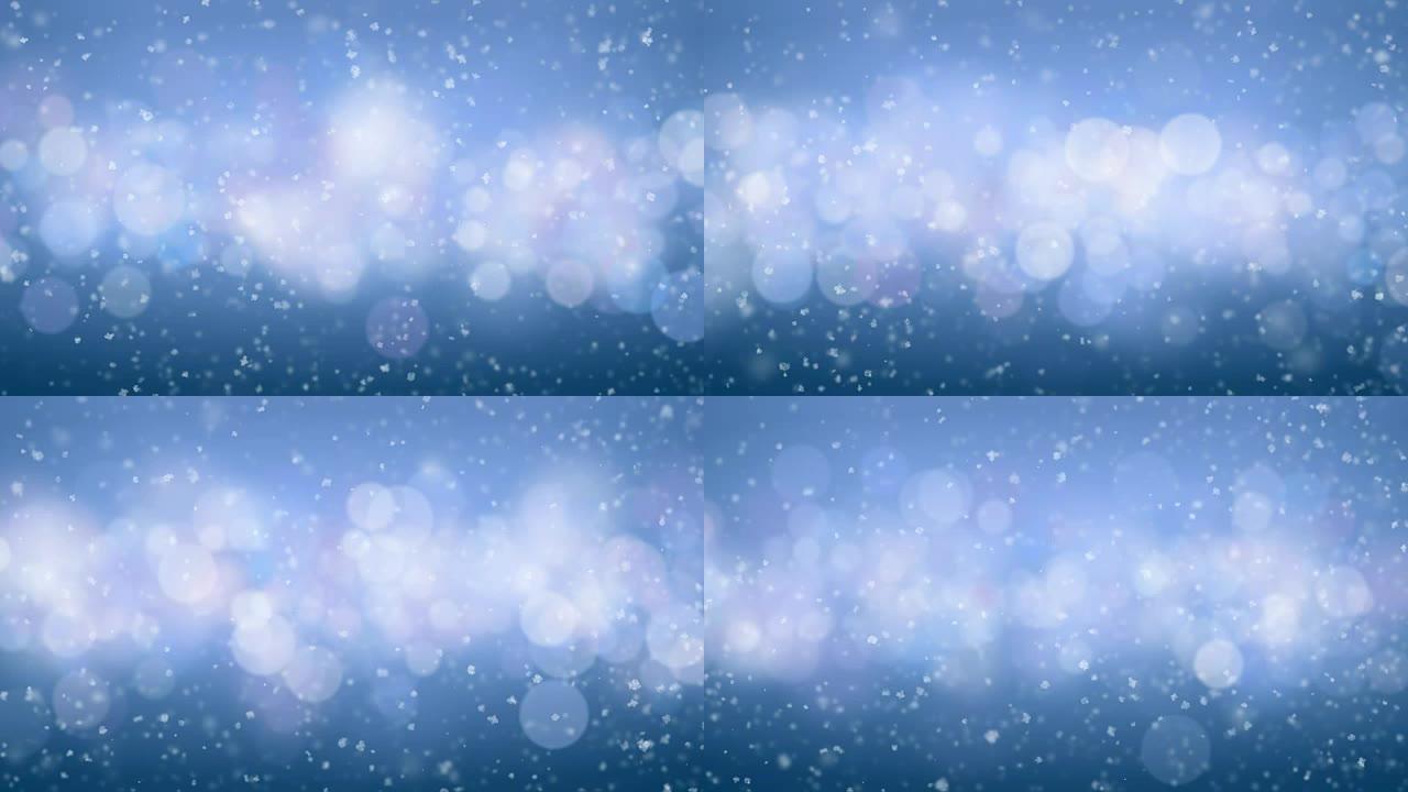 美丽的降雪侧风在蓝色的散景背景上无缝吹来。慢动作循环3d动画。节日庆典概念。
