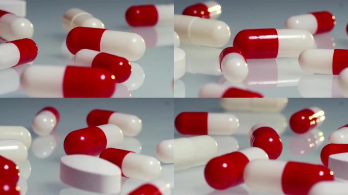 中性表面上的彩色药丸，药学和通用药物的概念