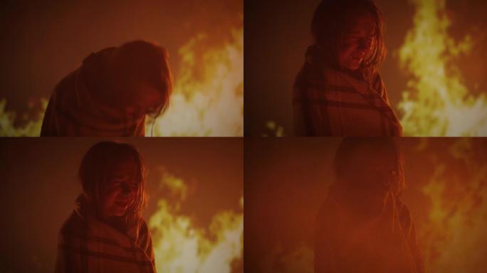 被困在火中哭泣寻求帮助的女孩