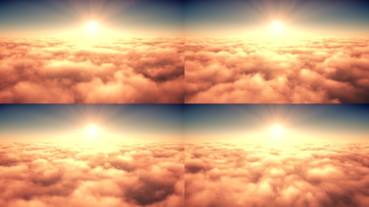 在冉冉升起的太阳光线中飞越云层。4K。