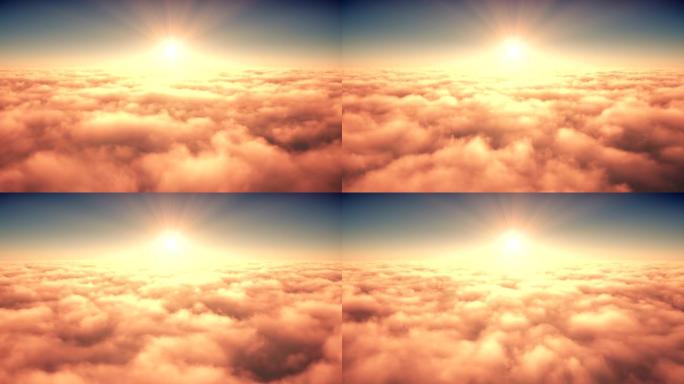 在冉冉升起的太阳光线中飞越云层。4K。
