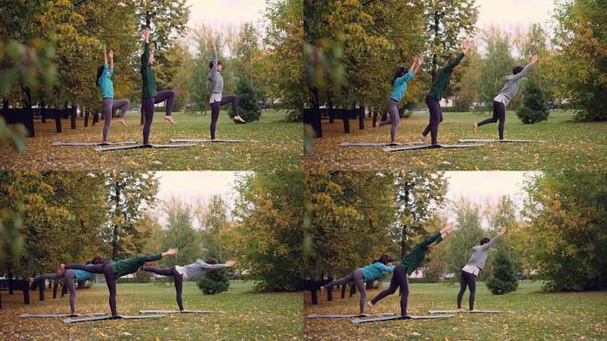 三个苗条女孩在公园做瑜伽的侧视图，练习平衡练习，单腿站在垫子上，移动手臂和身体。青春、休闲和爱好概念