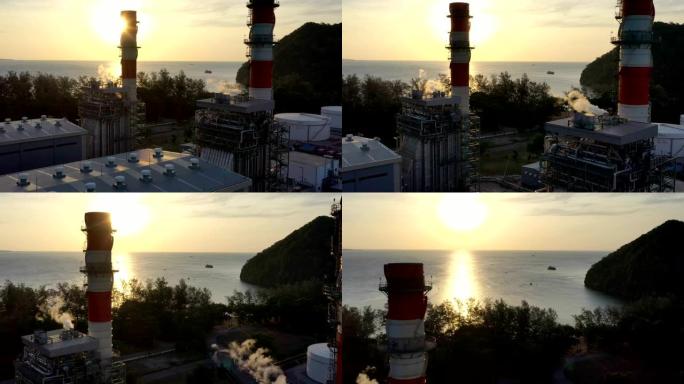 日出时海上联合循环发电厂热回收蒸汽发生器 (HRSG) 、钢结构、储罐和烟囱的鸟瞰图