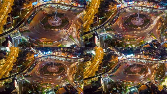 泰国曼谷市中心胜利纪念碑上的hyperlapse/droonelapse鸟瞰图