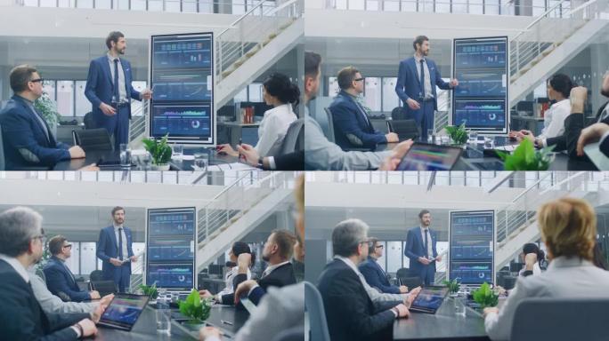 在公司会议室: 雄心勃勃的高管使用数字交互式白板向董事会，律师和投资者进行演示。屏幕显示带有动画图形