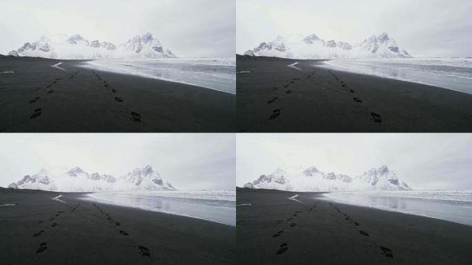 冰岛斯托克尼斯海滩黑沙滩的MS足迹