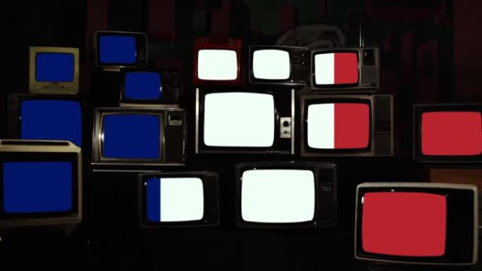 复古电视和法国国旗。
