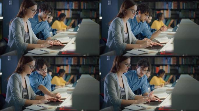 大学图书馆: 才华横溢的高加索女孩使用笔记本电脑，聪明乐于助人的同学为她解释并建议她进行课堂作业。快
