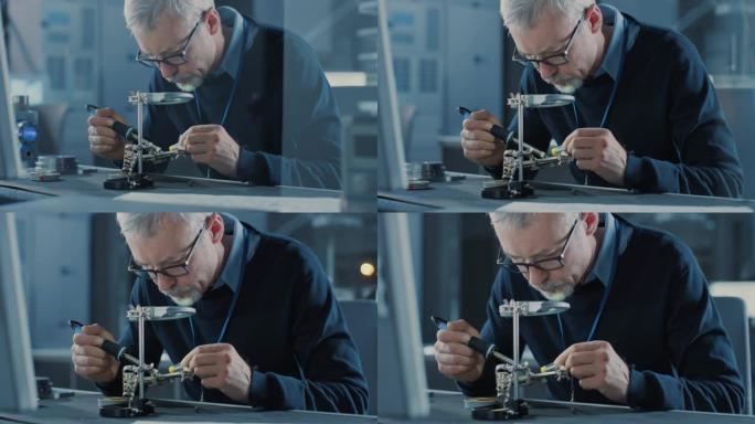电子维修工程师焊接主板、微芯片和电路板的特写肖像，透过放大镜寻找高精度质量。电子维修和测试