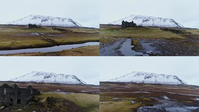 WS风景风景被遗弃，被烧毁的房屋在偏远的山区景观中，冰岛