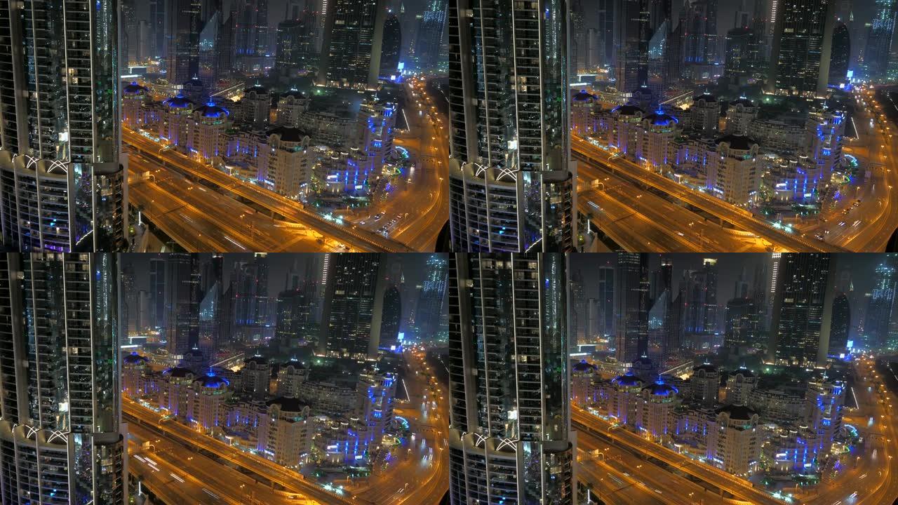 夜间人流量大的城市街道鸟瞰图
