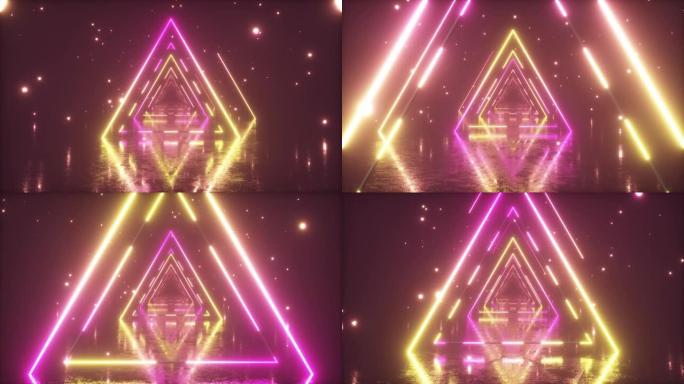 在发光的霓虹灯三角形中飞行，金属地板创造了一个有雾的隧道，黄色粉色紫色光谱，荧光紫外线，现代vj七彩