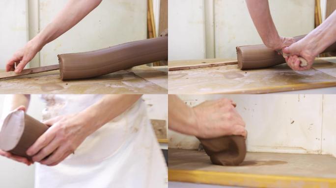 在陶瓷工作室用手加工粘土之前，男性陶工测量和切割粘土的特写