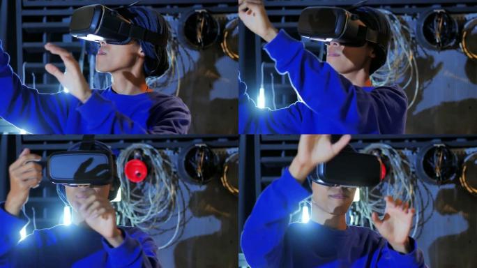 在现代室内设计合作工作室中穿着虚拟现实的年轻人。在VR体验中触摸空气的年轻人感到惊讶。虚拟现实