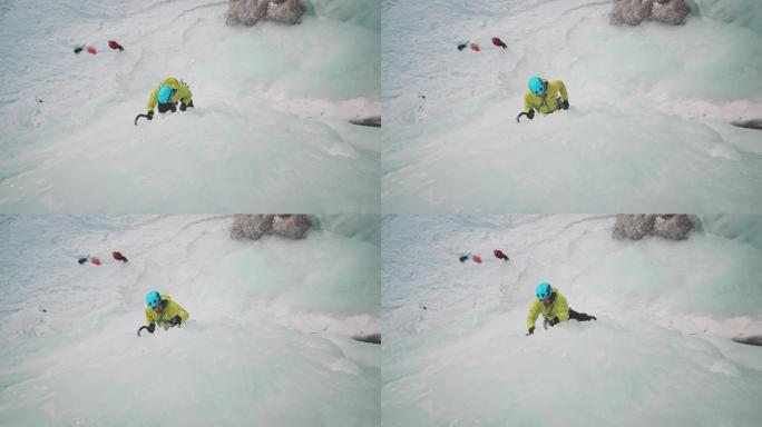 在瀑布上爬冰攀登攀爬视频素材