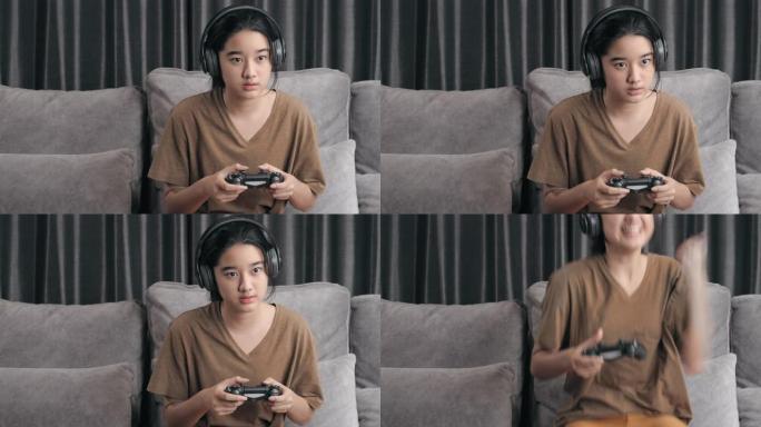 4k分辨率迷人的亚洲女孩戴着无线耳机拿着操纵杆或游戏控制器，在家玩在线视频游戏机。孩子喜欢在冠状病毒