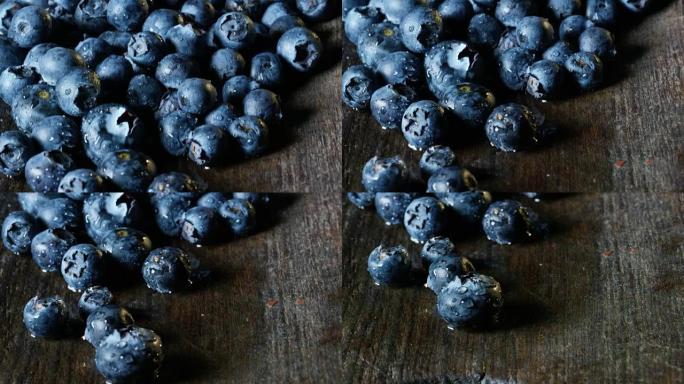 非常接近新鲜蓝莓和维生素抗氧化剂。森林里清新健康的自然概念。木材成分和蓝莓以及新鲜水果的抗衰老活性成