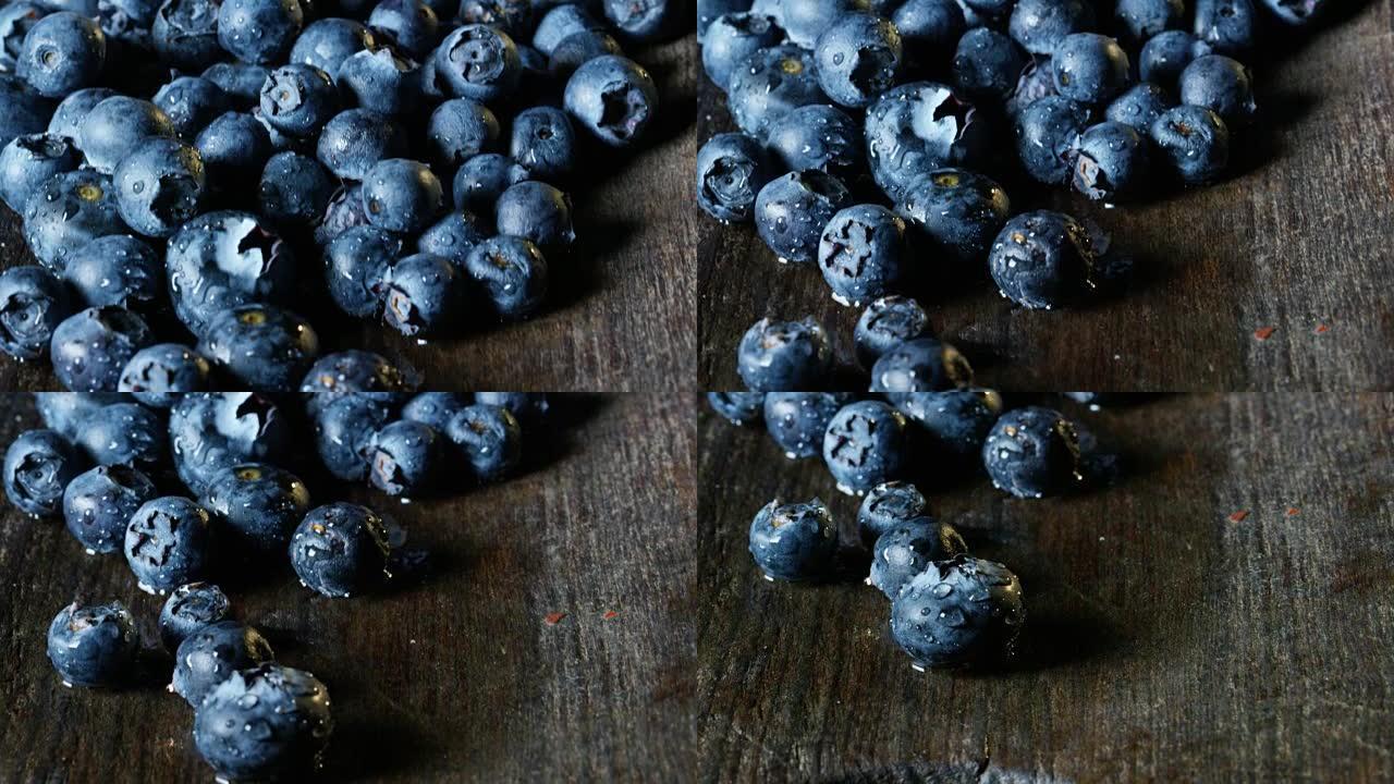 非常接近新鲜蓝莓和维生素抗氧化剂。森林里清新健康的自然概念。木材成分和蓝莓以及新鲜水果的抗衰老活性成