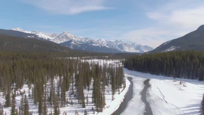 空中: 风景如画的河流流经白雪皑皑的树林并流向山脊