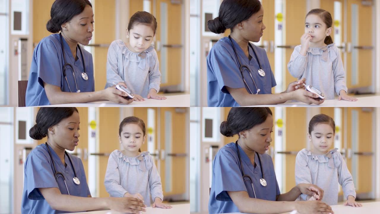 女护士与儿童患者交谈