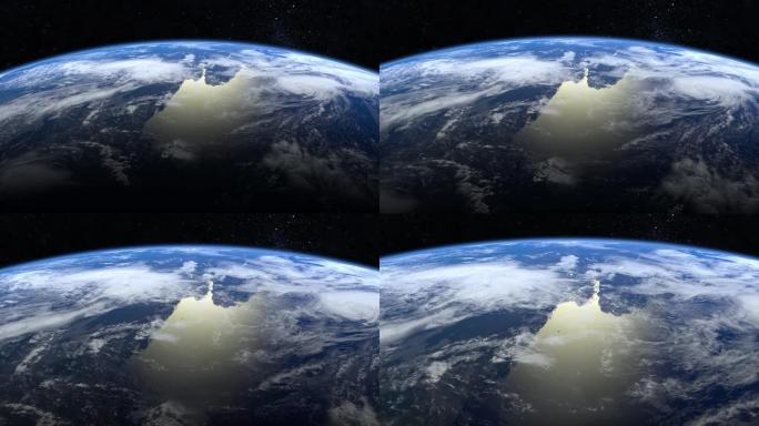来自太空的地球。摄像机正在接近地球。星星闪烁。4K.逼真的氛围。3D体积云。