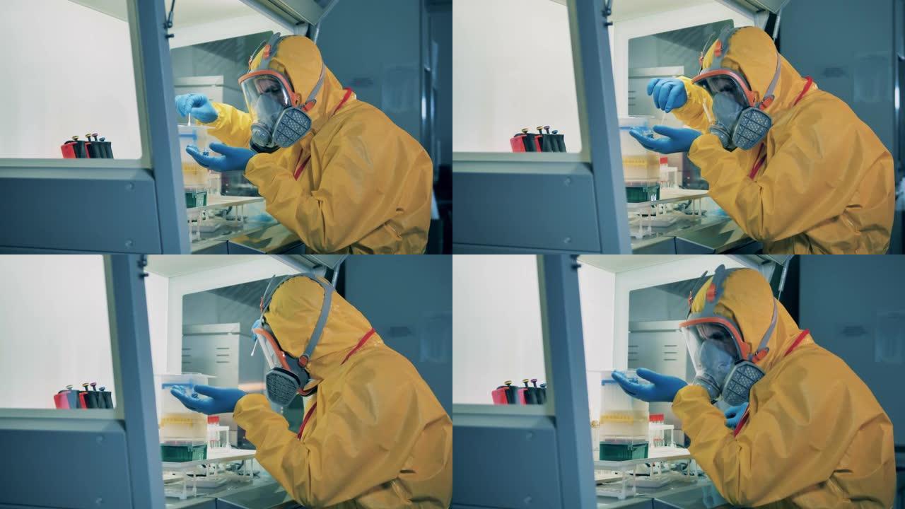人类在实验室工作，为新型冠状病毒肺炎制造疫苗。
