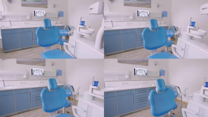 空的蓝色牙医椅子，以防止医疗x射线